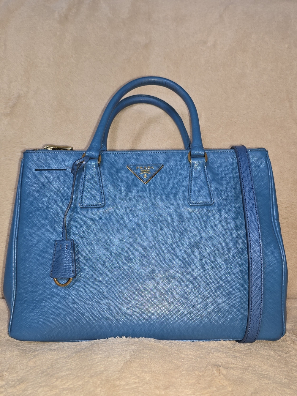 Prada Saffiano Lux Galleria Double Zip Tote Bag Blue